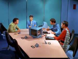 Senior Officers of the Enterprise: William Shatner, Leonard Nimoy, DeForest Kelley, and James Doohan.